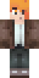 Alex Minecraft skin: alex with orange hair in a brown leather jacket (front view, option 1)