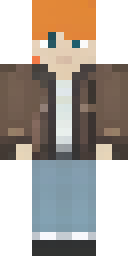 Alex Minecraft skin: alex with orange hair in a brown leather jacket (front view, option 2)