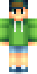 Boy Minecraft skin: a boy with a backwards cap and a green hoodie (front view, option 1)