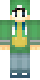 Boy Minecraft skin: a boy with a backwards cap and a green hoodie (front view, option 2)