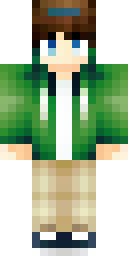 Boy Minecraft skin: a boy with a backwards cap and a green hoodie (front view, option 3)