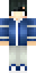 Boy Minecraft skin: a boy with black hair in a blue baseball jacket (front view, option 1)