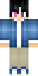 Boy Minecraft skin: a boy with black hair in a blue baseball jacket (front view, option 2)