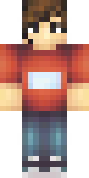 Boy Minecraft skin: a boy with messy brown hair and a red t-shirt (front view, option 4)