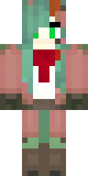 Fox Minecraft skin: a fox girl with a red scarf and a green jacket (front view, option 1)