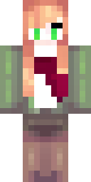 Fox Minecraft skin: a fox girl with a red scarf and a green jacket (front view, option 2)