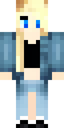Girl Minecraft skin: a girl with a blonde ponytail in a blue denim jacket (front view, option 1)