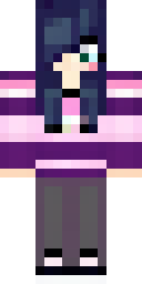 Skin de Minecraft de chica: una chica con flequillo negro y suéter morado a rayas (vista frontal, opción 2)