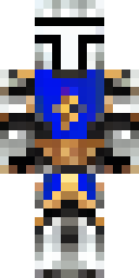 Knight Minecraft skin: a medieval knight in shining silver armor with a blue cape (front view, option 4)